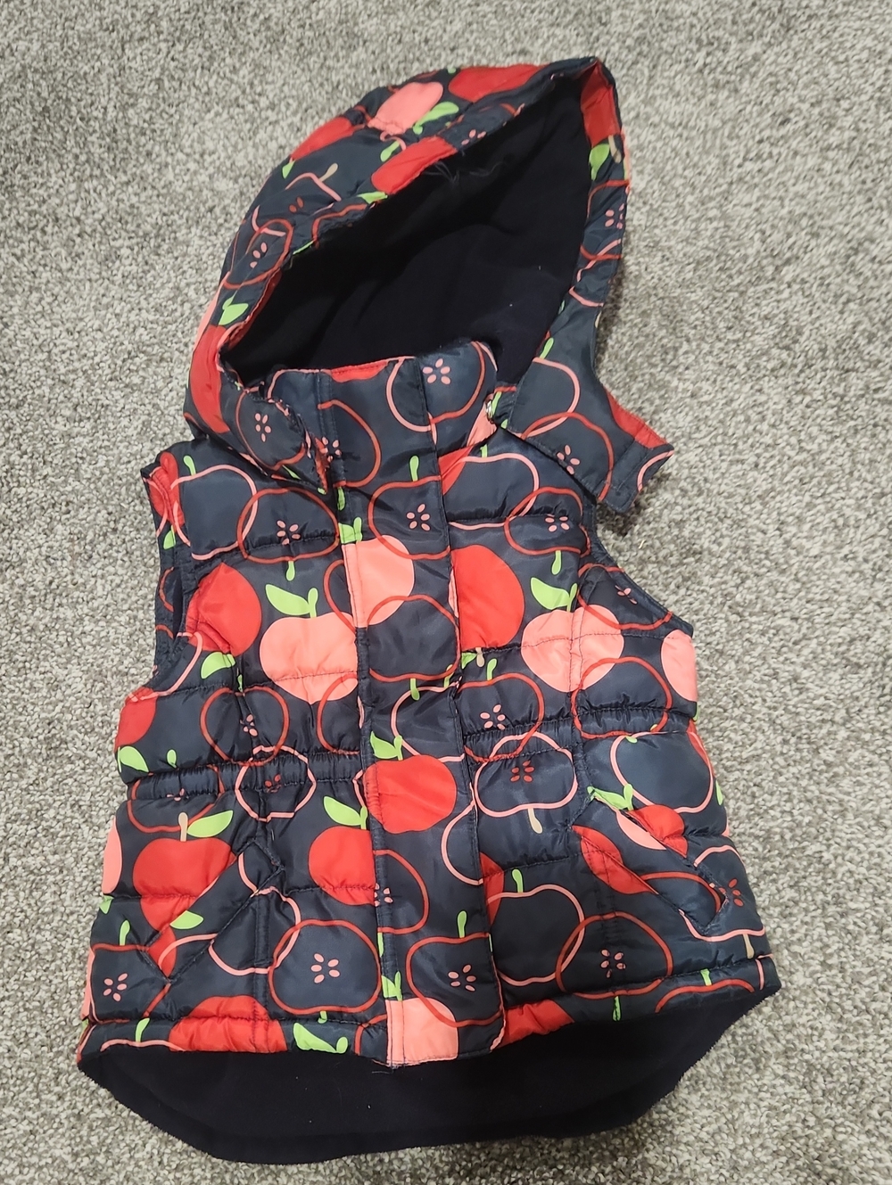 Children's Navy Hooded Puffer Vest with Red Apple Print